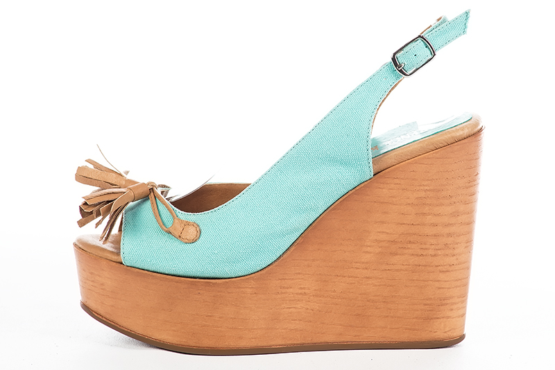 Aquamarine blue and camel beige women's slingback sandals.. Profile view - Florence KOOIJMAN